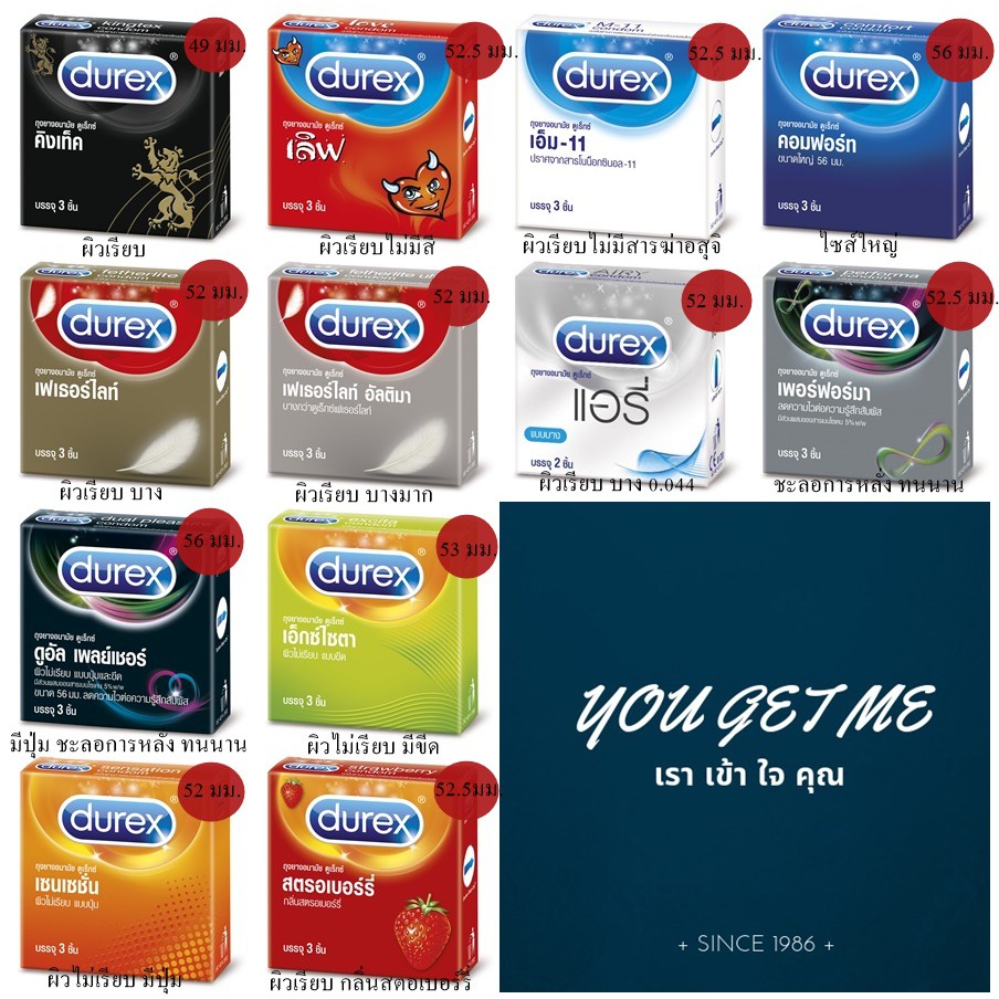 ถุงยางอนามัย Durex ทุกรุ่น ทุกขนาด ไม่ระบุสินค้าหน้ากล่อง(Comfort,Dual Pressure,Sensation,Performa,F