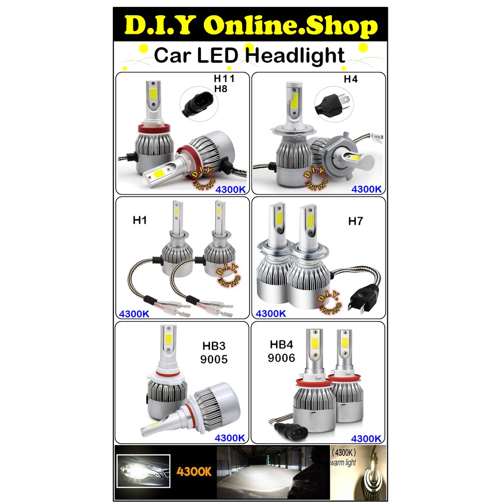 LED 36w HID H4/H1/H8/H7/H11/9006/9005 หลอดไฟหน้า 36W 4300k 3800LM 2 ชิ้น