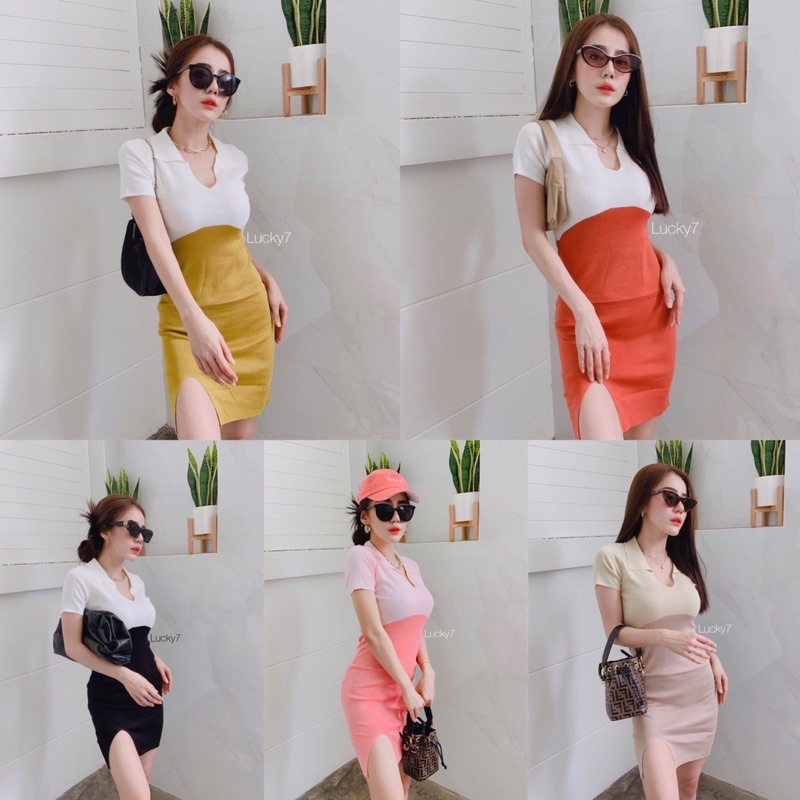 🌈 SpinnyHouse 🌈 เดรสไหมพรม Dresses คอโปโล มินิเดรส ทูโทนทรงคอปกเนื้อไหมพรมแต่งสีทูโทนน่ารักมากกก แซก