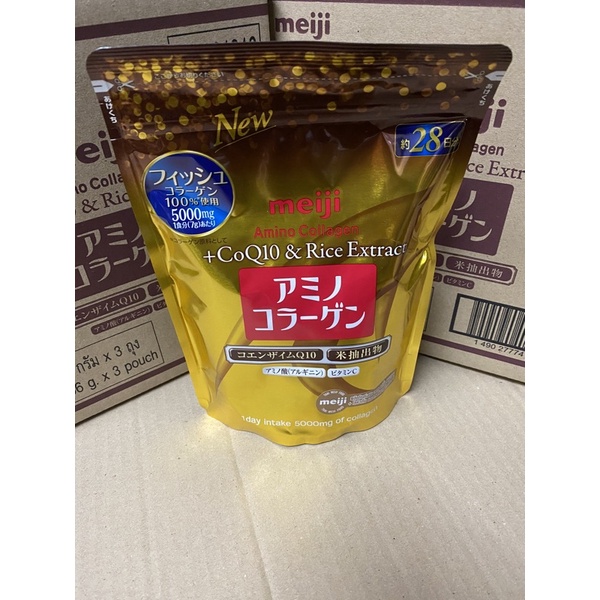 ของแท้ ฉลากไทย หมดอายุ 04.2025 Meiji Amino Collagen + CoQ10 + สารสกัดจากจมูกข้าว 196 กรัม สีทอง ถุงซิปล็อค ฉลากไทย