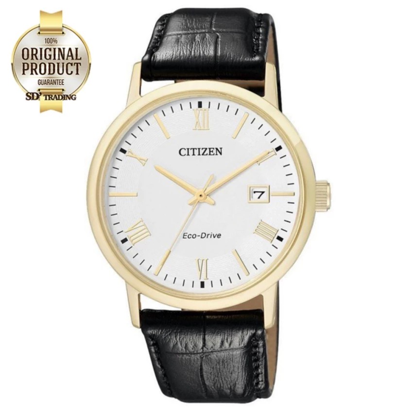 CITIZEN Eco-Drive Sapphire Glass Men's Watch สายหนังแท้ สีดำ/สีทอง Stainless Strap รุ่น BM6772-05A