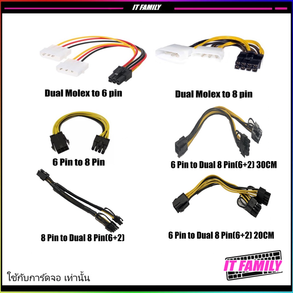 สายแปลง Dual Molex 4pin IDE to (8PIN,6PIN),(6 PIN to 8PIN) 8P To 8PX2(6+2) สำหรับ GPU VGA การ์จอ PC