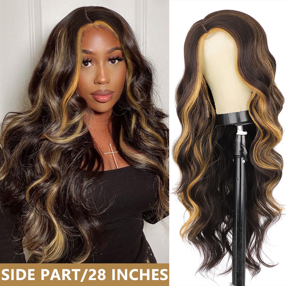 BSynthetic Long Wavy Synthetic Wig Highlight Wigs for Women Side Part