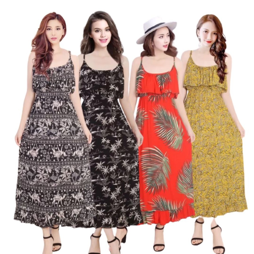 เดรสยาวสายเดี่ยวช่วงอกเป็นผ้าระบาย เอวสม็อคยืดกระชับสัดส่วนผ้านิ่มใส่สบาย