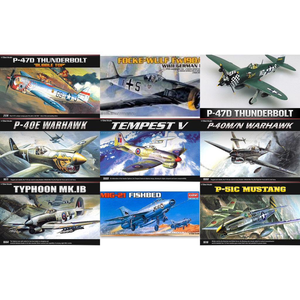 โมเดลเครื่องบินรบประกอบ 1/72 Academy Model P-51 Mustang Mig-21 Hawker P-40 Warhawk P-47 FW190A P-47 