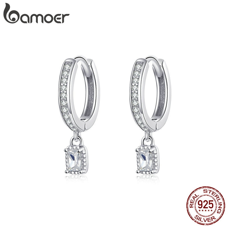 Bamoer Hoop ต่างหู Charm Solid 925 เงินคุณภาพสูง CZ งานแต่งงานเครื่องประดับหมั้น Brincos BSE157
