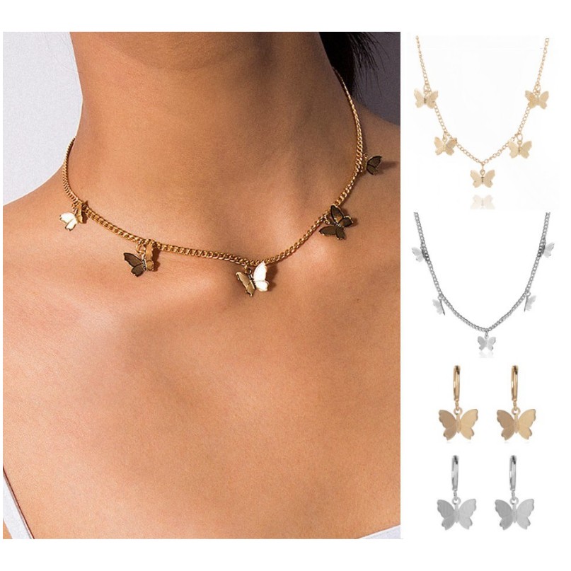 BBY สร้อยคอโซ่ผู้หญิงจี้ FIVE BUTTERFLY สร้อยคอผู้หญิงแฟชั่นสไตล์เกาหลี Titanium Alloy