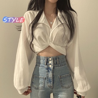 STYLE🔥พร้อมส่ง🔥W201*เสื้อเชิ้ตแขนยาว หลังผูกโบว์เซ็กซี่ เสื้อผ้าเอวลอยแฟชั่นฤดูร้อน เสื้อสีเทาผู้หญิงเกาหลี