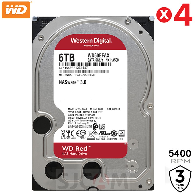 WD 6TB [4ลูก รวม 24TB] HDD Red NAS (ฮาร์ดดิสก์แนส) RED 5400RPM, 256MB SATA3 (WD60EFRX) ประกัน Synnex