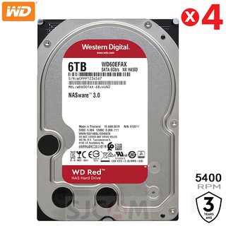 WD 6TB [4ลูก รวม 24TB] HDD Red NAS (ฮาร์ดดิสก์แนส) RED 5400RPM, 256MB SATA3 (WD60EFRX) ประกัน Synnex 3 ปี โดย Synnex