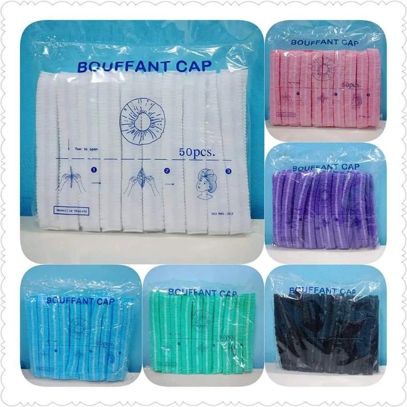 หมวกตัวหนอน เกรดส่ง รพ. (แพ็ค 50 ชิ้น)หมวกคลุมผมใยสังเคราะห์ ใช้แล้วทิ้งแบบหนา กันละอองน้ำได้