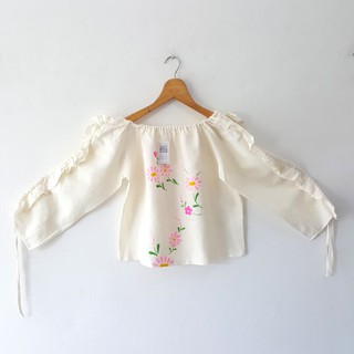 เสื้อลินินแท้ ปักมือ Handmade ลายดอกสีชมพู แต่งแขนระบาย
