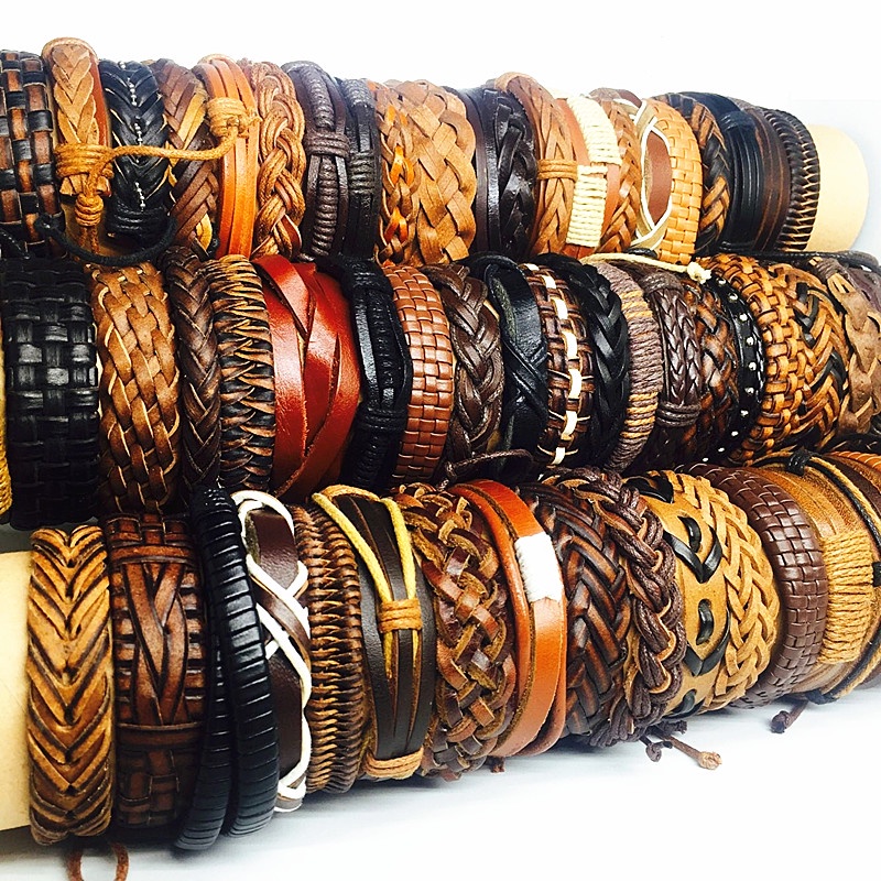 30PCs ผู้ชายผู้หญิงกําไลข้อมือ Handmade หนังแฟชั่นเครื่องประดับสีดําสีน้ําตาลปรับขนาดได้สไตล์ gelang tangan