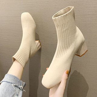 Knitted sock boots for women, new Korean version of Martin boots, versatile chunky high-heeled short boots
