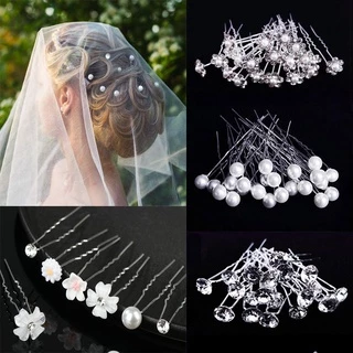 NIMENG 20 ชิ้นดอกไม้ Hairpin Stick งานแต่งงานคริสตัลเพิร์ล Hairpin เจ้าสาว Tiara U รูปคลิปผม