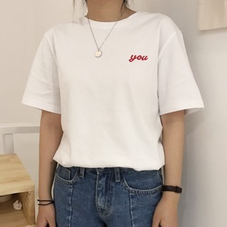 เสื้อยืดคอกลมแขนสั้นสไตล์เกาหลี สกรีนลาย You สีแดง พื้นขาว