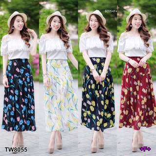 TwinsShopVip💗พร้อมส่ง TW8055 Set เสื้อปาดไหล่ + กระโปรงดอกทิวลิป