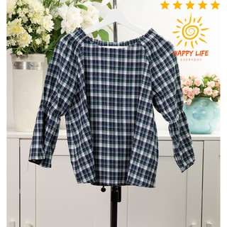 selectione เสื้อมือสอง เสื้อจั้มตรงกลางแขน ใส่เป็นแบบธรรมดาและเปิดไหล่ได้ ลายสก็อต ผ้าคอตตอนสบายไม่ร้อน สีเทาเขียว