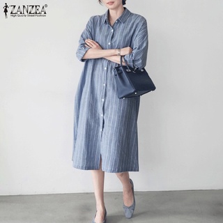 Zanzea แฟชั่นสตรีชุดเดรสผ้าฝ้ายแขนยาวพิมพ์ลายทางสไตล์เรโทร