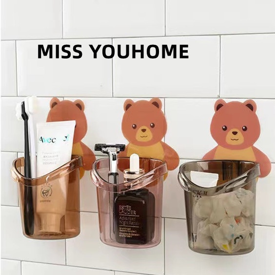 ที่วางแปรงสีฟันหมีน้อย ที่วางยาสีฟัน ชั้นวางอเนกประสงค์ติดผนัง กล่องเก็บอุปกรณ์อาบน้ำ
