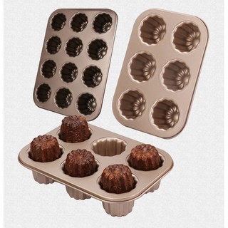 พิมพ์คาเนเล่ ถาดอบคาเนเล่ พิมพ์อบขนม Canele 6/9/12 ช่อง สีทองเคลือบเทฟร่อน (NON-STICK)