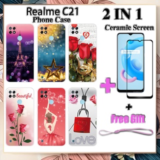 2 IN 1 Realme C21 เคสโทรศัพท์ พร้อมกระจกนิรภัยกันรอยหน้าจอ เซรามิค ฟิล์มโค้ง ดีไซน์โรแมนติก