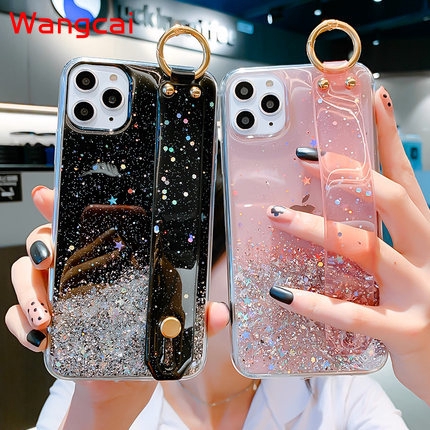 Glitter Powder Holder Phone Case For Iphone 12 Pro Max 11 Pro Max Se Transparent Soft Silicone Wrist Strap Shockproof Back Cover Shopee Thailand