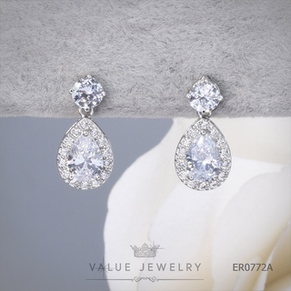 ต่างหูแป้น คริสตัลกลม ประดับติ้งเพชรหยดน้ำ Pear Shaped ขนาดก…