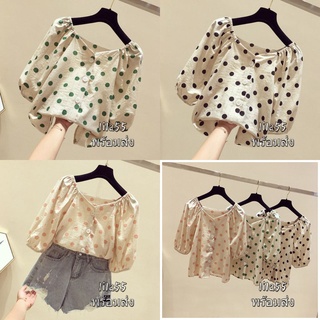 พร้อมส่ง เสื้อผู้หญิงแขนสั้นแฟชั่นเกาหลี ใหม่ เสื้อเชิ้ตลายจุด ใส่สบาย เสื้อหลวมๆ