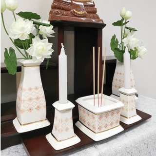 INDRA CERAMIC  เซรามิกพรีเมี่ยม ชุดเซรามิก สำหรับหิ้งพระ ทรงเหลี่ยม ทรงกลม วาดทอง