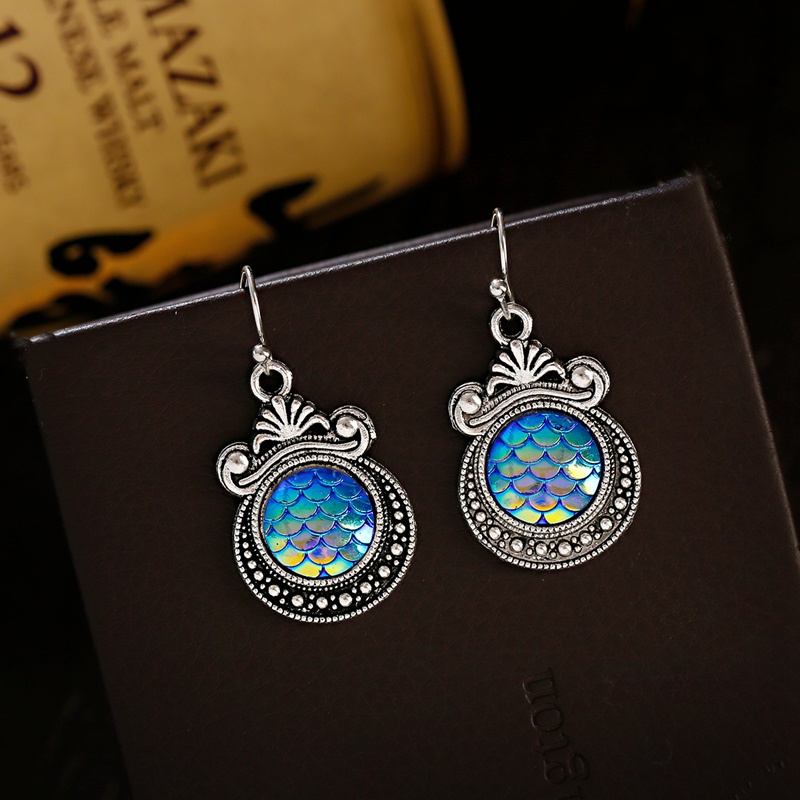 Vintage Blue Round Dangle ต่างหูผู้หญิงเครื่องประดับ Boho Ocean Silver สีโลหะต่างหูหญิง Brincos
