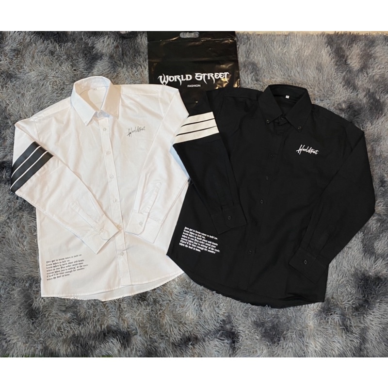 แฟชั่น เสื้อเชิ้ต มีสามสี สามแถบหนัง สกรีนอก World Street ( มีรูปรีวิวตอนใส่ )