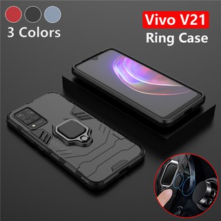 เคสโทรศัพท์ แบบไฮบริดแข็ง กันกระแทก สำหรับVivo V11 V15 V17 Z1 V20 Pro V9 V11I V20 SE V21 V21E 4G 5G V19 NEO พร้อมแหวนขาตั้ง เคสยืนกันชน เคสแฟชั่น Phone Case Cover