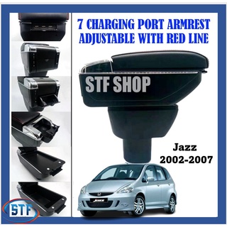 ที่พักแขน USB ปรับได้ 7 พอร์ตชาร์จ พร้อมสายสีแดง สําหรับ Honda Jazz 2002-2007