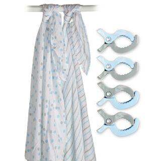 Lulujo ชุดผ้าอ้อมมัสลินคอตตอนพร้อมคลิปหนีบผ้า  2-Pack Cotton Muslin Swaddles &amp; 4 Clips - Blue