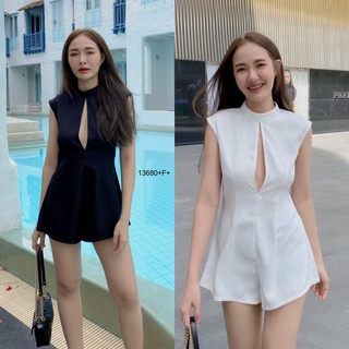 13680 Jumpsuit จั๊มสูท แขนกุดขาสั้น แหวกอก