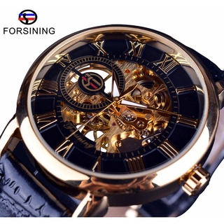 Forsining Men Watches Top Brand Luxury Mechanical Skeleton Watch Black Golden 3D Literal Design Roman Number Black Dial