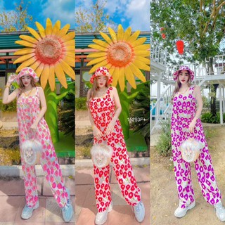 🌈🌼ชุดเที่ยว ไปทะเล Jumpsuit จั้มสูทสายเดี่ยวขายาว ผ้าไหมอิตาลี่ ลายดอกไม้ เเอวสม็อคหลัง + หมวกทรงบัคเก็ตลายเข้าชุด