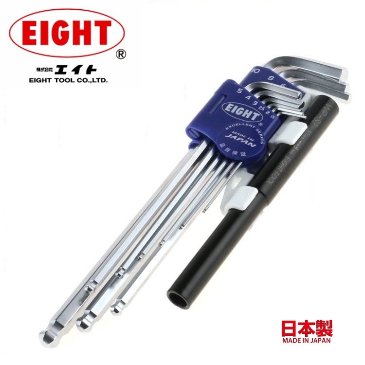 EIGHT ประแจหกเหลี่ยม หัวบอล ยาว สีขาว 9 ตัวชุด 1.5-10mm. พร้อมด้ามต่อ( รุ่น TLS-9NP ) Made In Japan 