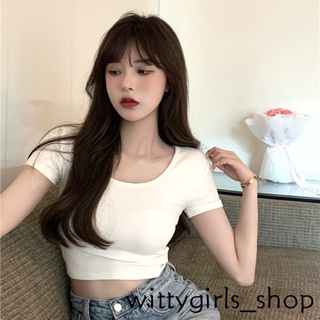 Wittygirls_shop | เสื้อยืดแขนสั้น เข้ารูป แต่งโชว์สะดือ แฟชั่นฤดูร้อน สําหรับผู้หญิง