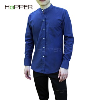 เสื้อเชิ้ตแขนยาวคอจีนผ้า Oxford สีกรม by Hopper Shop