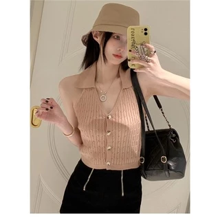 Cicishop(88905)เสื้อคล้อง​คอ​ไหมพรม คอปก เว้าหลังกระดุมหน้า สายฝอแซ่บไฟลุกสุดๆ