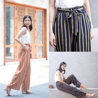 Olivia Pants กางเกงริ้วตรงโบว์หน้า