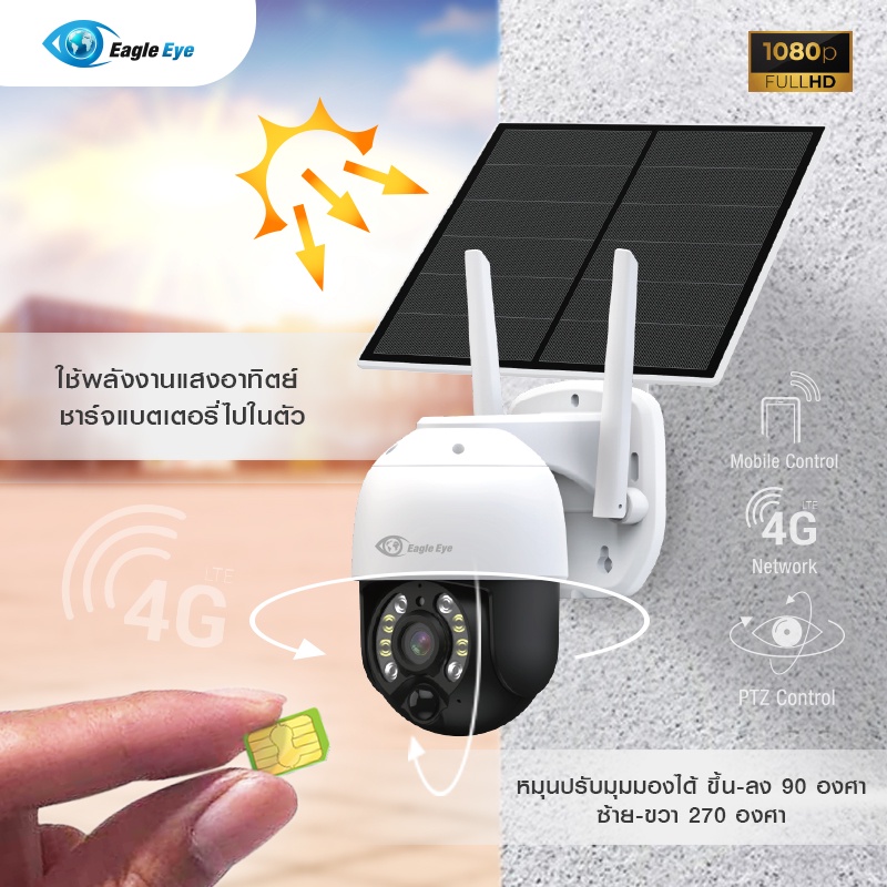 Eagle Eye - กล้องวงจรปิดทรงโดมโซล่าเซลล์เชื่อมต่อผ่านซิมการ์ด 3G/4G ป้องกันน้ำได้ รหัส EG-SD4GSL