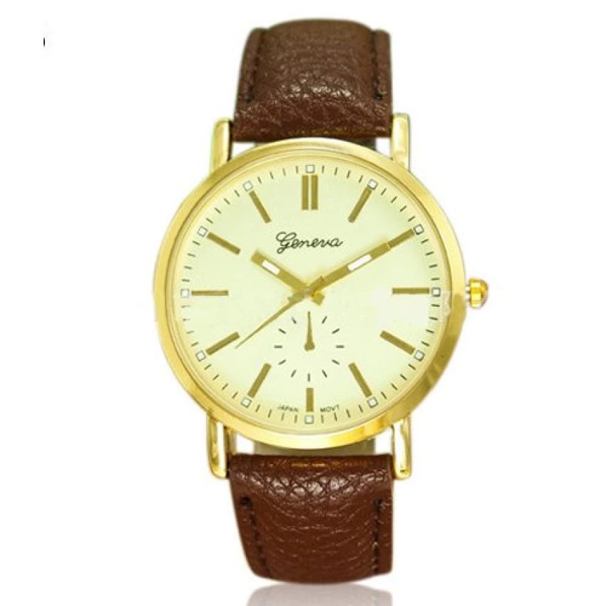 GENEVA Women-Man Watch นาฬิกาข้อมือผู้หญิง ผู้ชาย สายหนัง หน้าปัดครีม ขอบทอง รุ่น BG-Brown/Gold