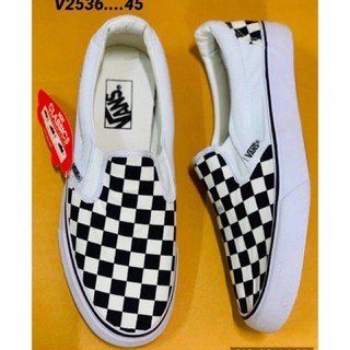 Vans slip on ตารางขาวดำ ขอบขาว/มีบริการเก็บเงินปลายทาง