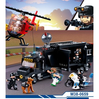 ProudNada Toys ตัวต่อ หน่วยสวาท เฮลิคอปเตอร์ มอเตอร์ไซด์ รถบรรทุก รถตำรวจ Sluban POLICE 540 PCS M38-B0659