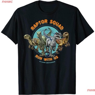 FHHWC New Jurassic World Cretaceous Raptor Squad Run เสื้อยืดพิมพ์ลาย ย้อนยุค สวนจูราสสิก เสื้อยืดผู้ชายและผู้หญิง