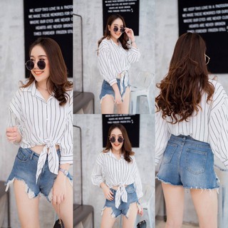 TUM044 TARA Shirt เสื้อเชิ้ตลายริ้ว ลายทาง แขนห้าส่วน มีสายผูกเอว เนื้อผ้าอ็อกฟอร์ดริ้ว รุ่นใหม่ล่าสุด งานดี ราคาถูก