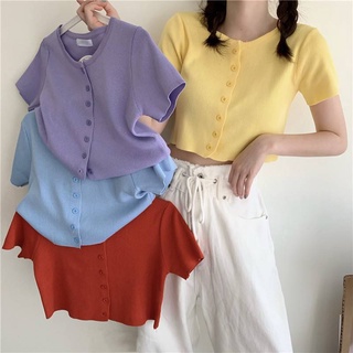 "พร้อมส่ง"เสื้อ​ไหมพรม​แขน​สั้นกระดุ​มมี6สี Z08